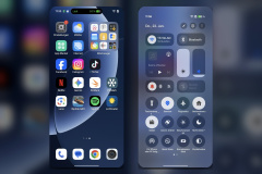 Der Startbildschirm und das Kontrollzentrum zeigen deutlich die starke optische und funktionale Anlehnung an iOS, inklusive einer dynamischen Anzeige im oberen Displaybereich, die an Apples Dynamic Island erinnert. (Foto: Testsieger.de)
