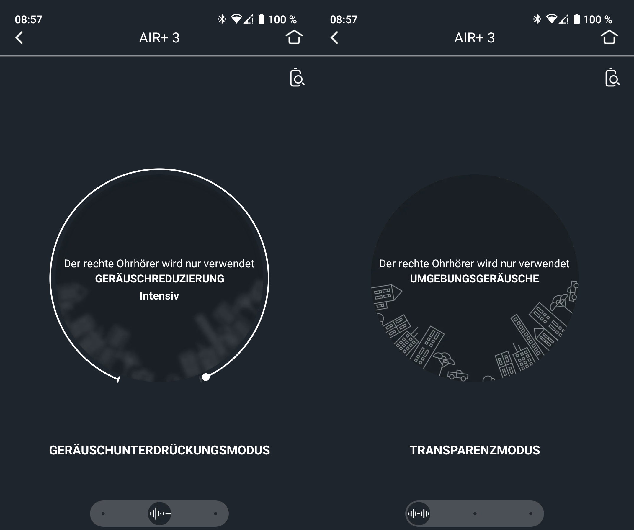 Screenshot der Einstellungsmöglichkeiten zwischen Geräuschunterdrückung und dem Transparenzmodus