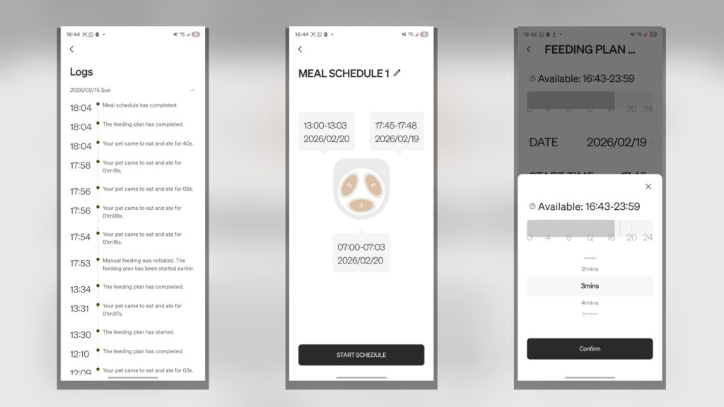 App Screens mit Logs, Mahlzeitenplan und Fütterungsfenster