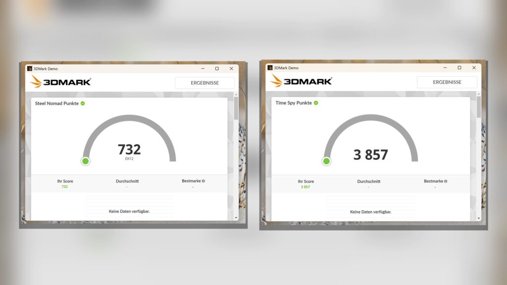 „Geekom GeekBook X14 Pro“:3DMark Ergebnisse in Steel Nomad und Time Spy als Screenshot Collage
