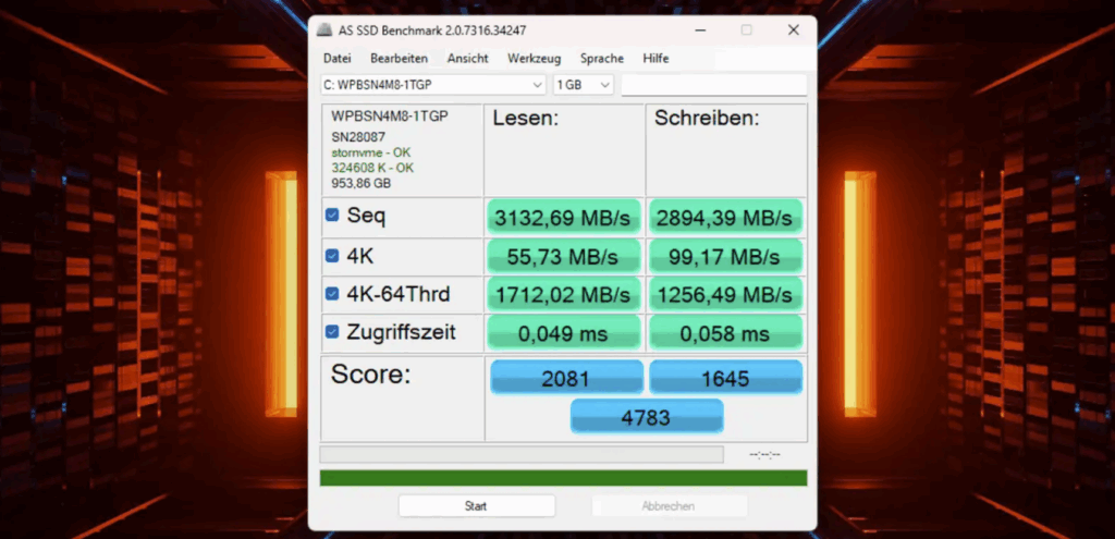 „GEEKOM A5 Pro“: „AS-SSD-Benchmark mit hohen Transferraten der 1-TB-NVMe-SSD“