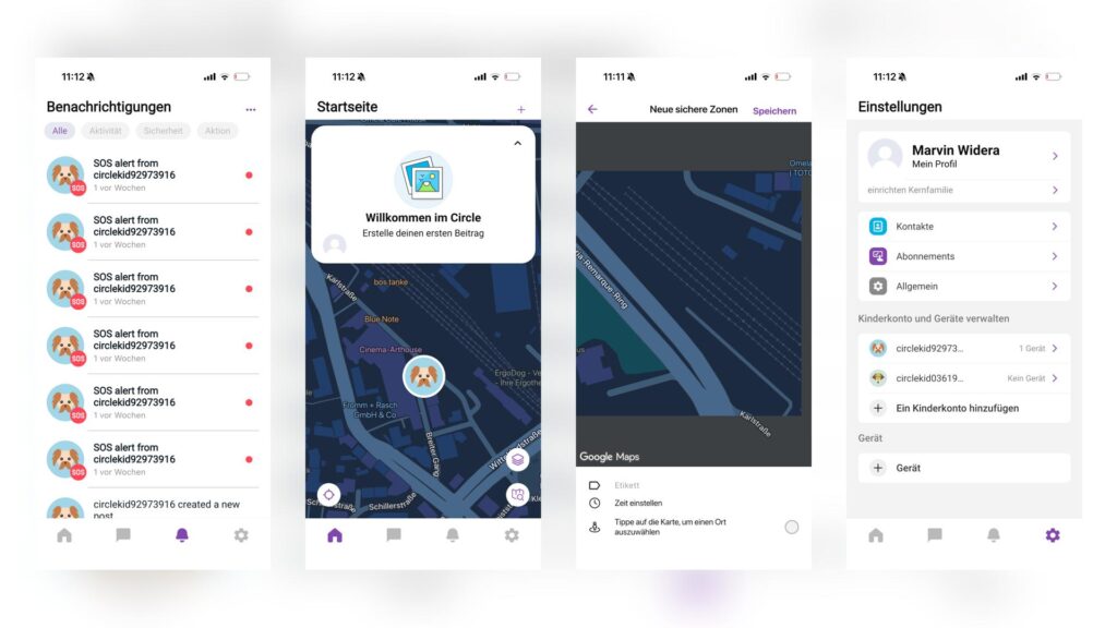 myFirst Circle App: Übersicht mit Benachrichtigungen, Standortkarte, Geofencing und Einstellungen