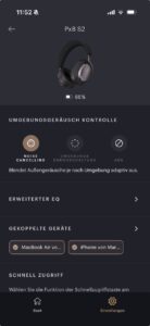 Screenshot der Bowers & Wilkins Music App mit Optionen für Noise Cancelling, Umgebungsdurchschaltung und Aus.