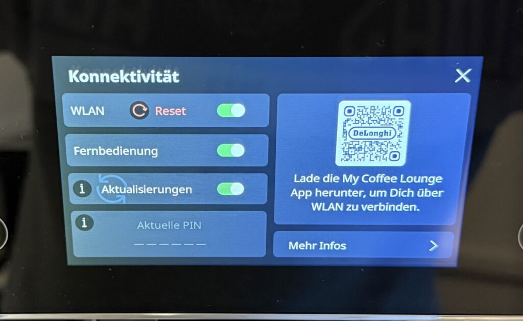 WLAN- und App-Verbindungsmenü der PrimaDonna Aromatic mit QR-Code für die My Coffee Lounge App.