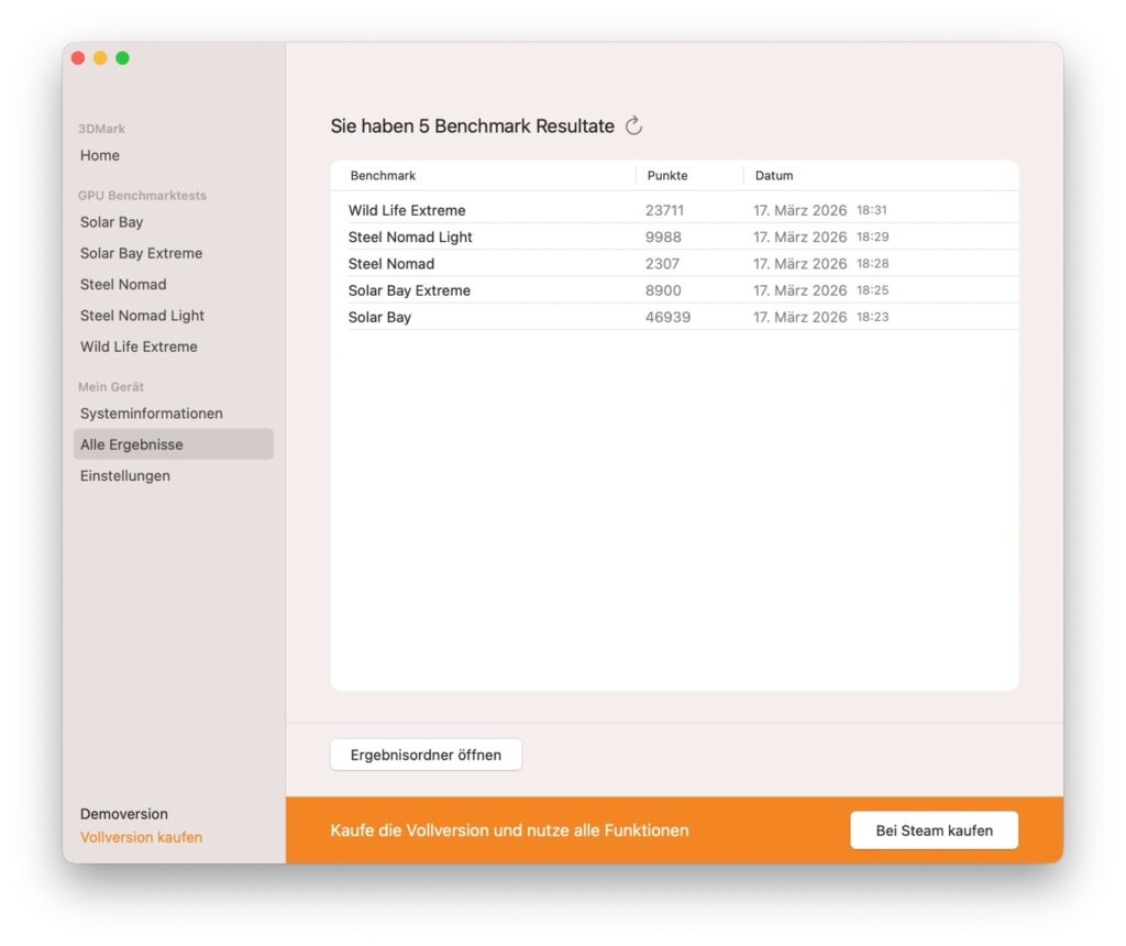 Apple MacBook Pro 14 M5 Pro: 3DMark-Ergebnisse mit Solar Bay und Steel Nomad