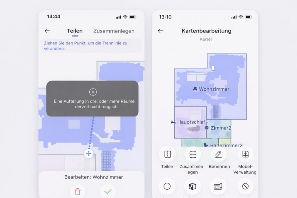 Narwal Flow 2: App-Ansicht mit Fehler bei der Raumtrennung und Kartenbearbeitung