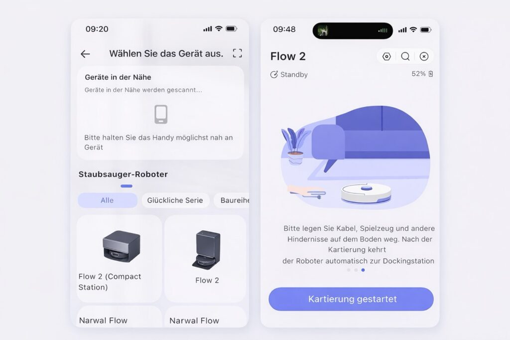 Narwal Flow 2: Geräteauswahl in der Narwal-App während der Einrichtung