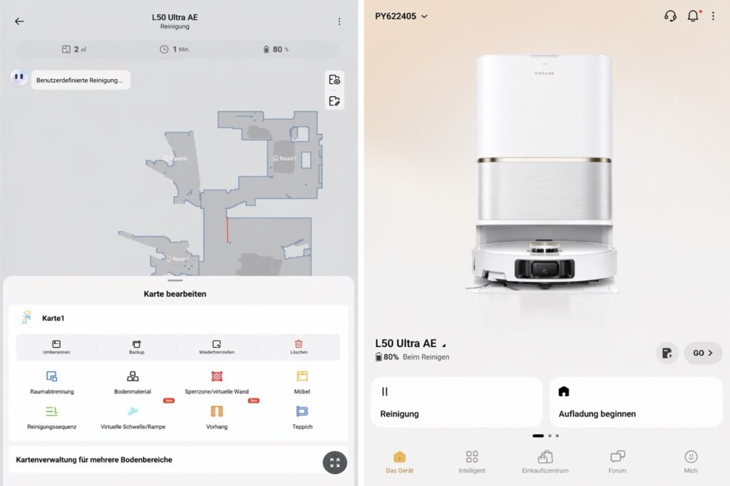„Dreame L50 Ultra AE": Kartenbearbeitung und Startbildschirm der DreameHome App