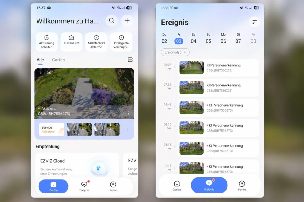 „EZVIZ CB8 Lite 4G Kit“:“App-Ansicht mit Geräteübersicht und Ereignisliste“
