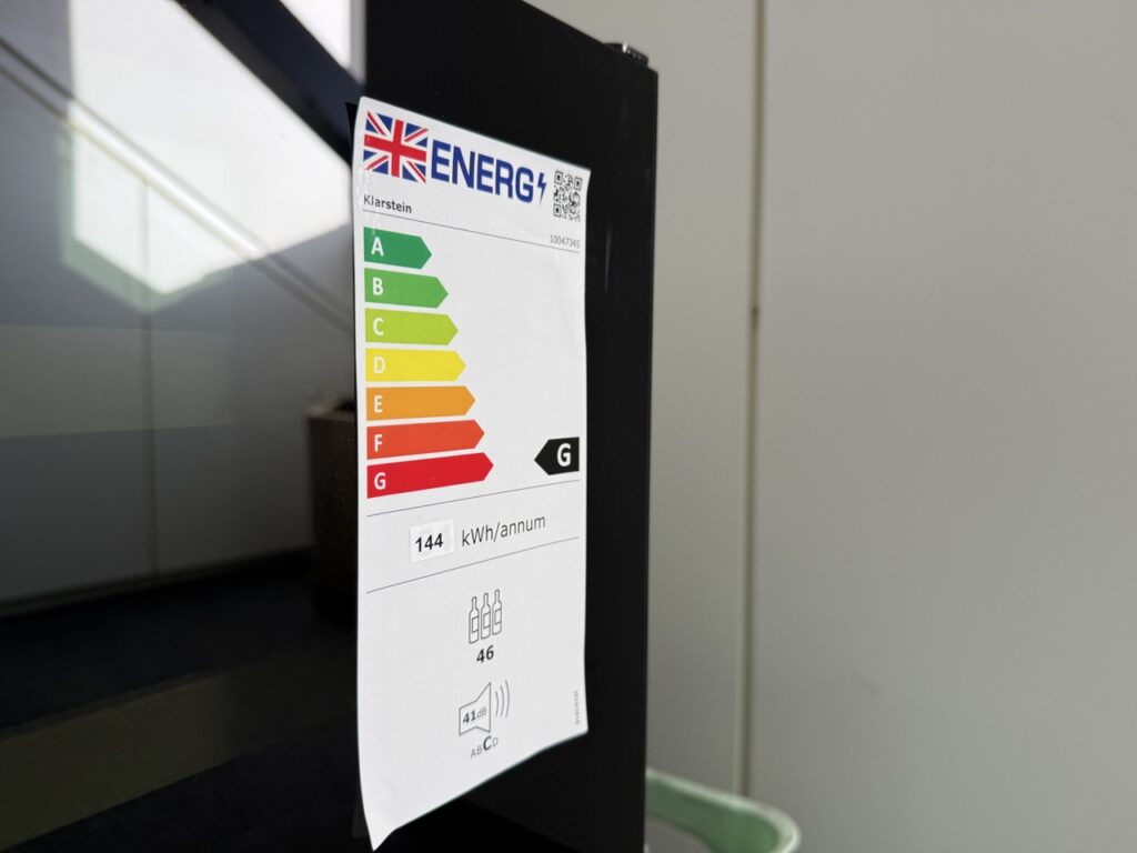 Energielabel des Klarstein Velaire mit Angabe der Energieklasse G und 144 kWh Jahresverbrauch.