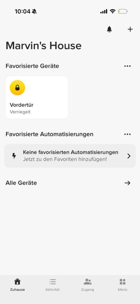 Yale Smart Home App: Startseite mit Schloss Status und Geräteübersicht