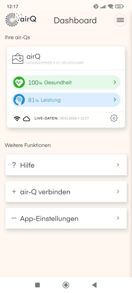 air-Q-App: Dashboard mit Gesundheits- und Leistungsindex