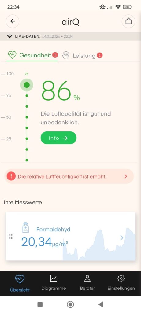 air-Q-App: Warnhinweis zu auffälligen Messwerten