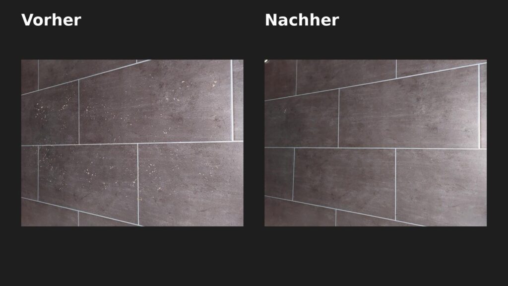 Dreame Z30 Pro Aqua: Vorher Nachher Vergleich bei Reis und Sand auf Fliesen