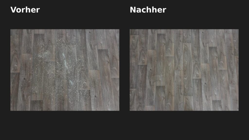 „Dreame L50s Pro Ultra": „Vorher Nachher Vergleich bei trockener Schmutzaufnahme"