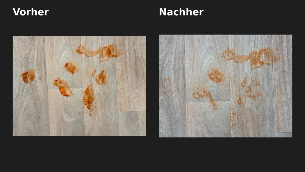 „Dreame L50s Pro Ultra": „Vorher Nachher Vergleich bei Ketchupflecken auf Hartboden"