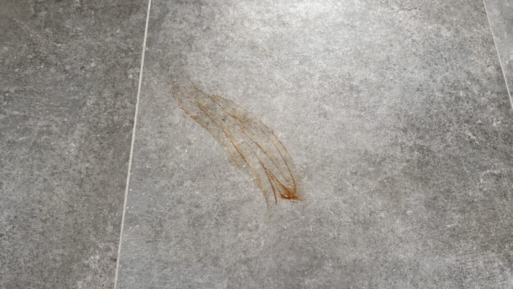 „Dreame L50 Ultra AE": Angetrockneter Ketchup-Fleck im Wischtest auf Fliesenboden