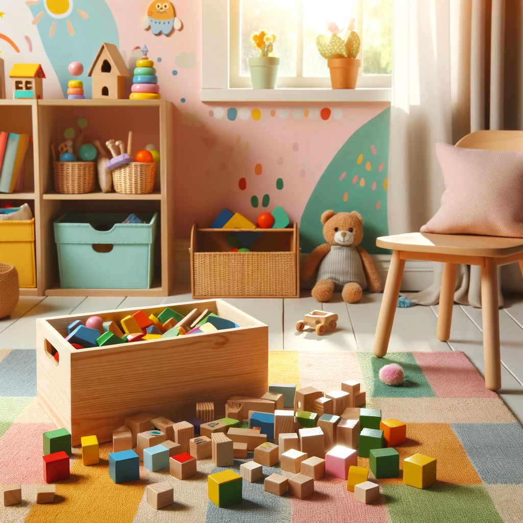 Aufnahme eines Kinderzimmers, auf dessen Boden verschiedene Bauklötze liegen.