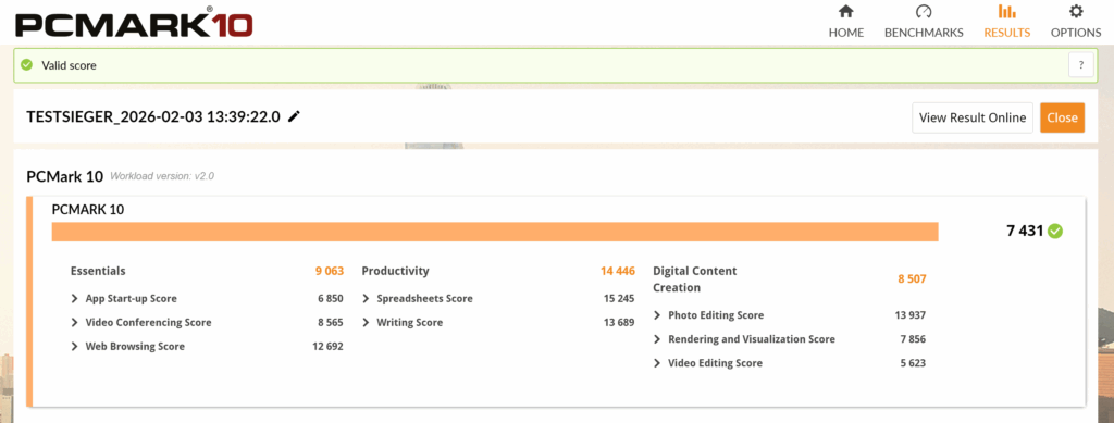„Geekom GeekBook X14 Pro“:PCMark 10 Ergebnisübersicht mit Essentials Productivity und Digital Content Creation