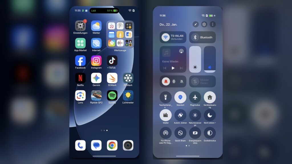 „Realme GT 8 Pro“: Startbildschirm und Kontrollzentrum von Realme UI 7