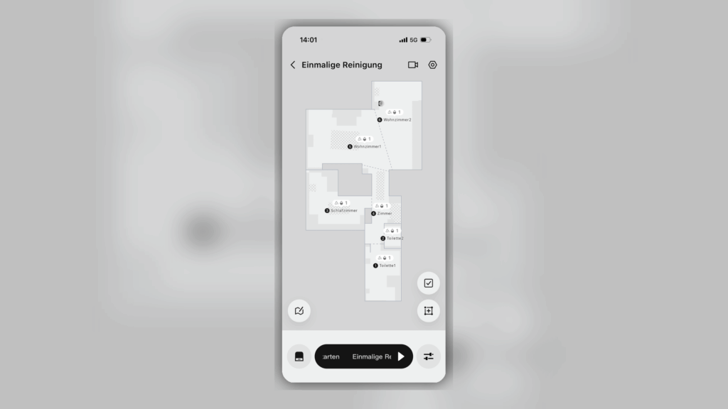 „DJI Romo P“: Karten- und Reinigungsansicht in der App