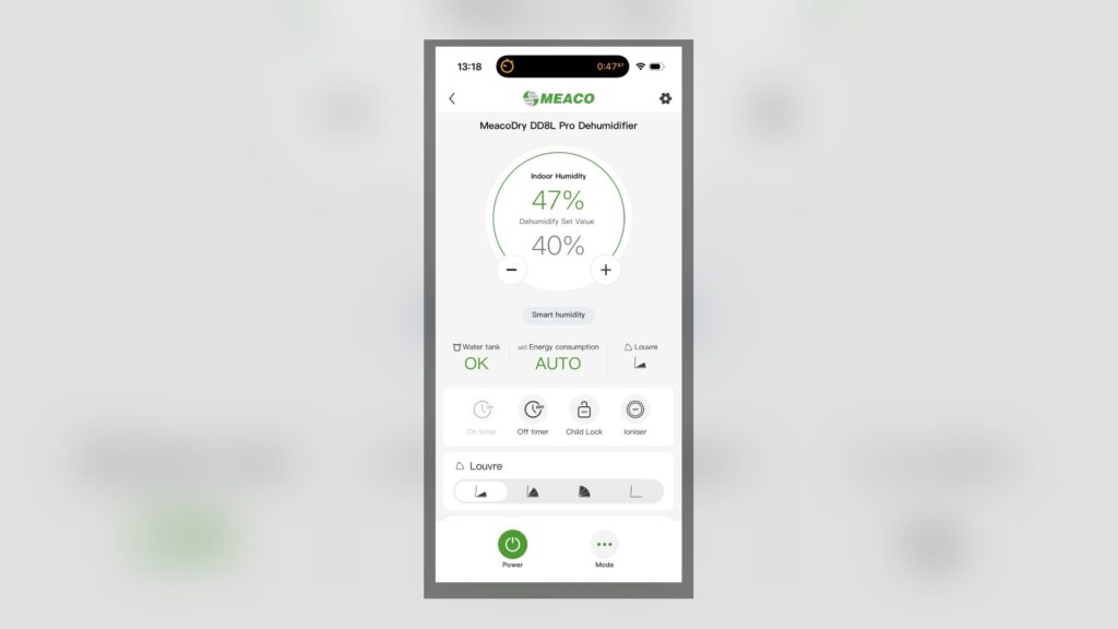 „Meaco DD8L Pro: App-Steuerung mit Luftfeuchtigkeitsanzeige und Einstellungen"